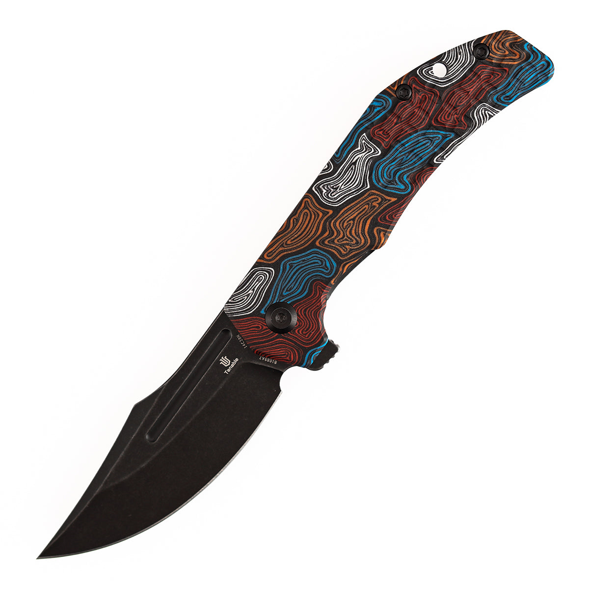 Tenable Orion Liner Lock | Multi-color Topo G-mascus Handle | Blackwashed 14C28N | JB Stout Design | B1089A7