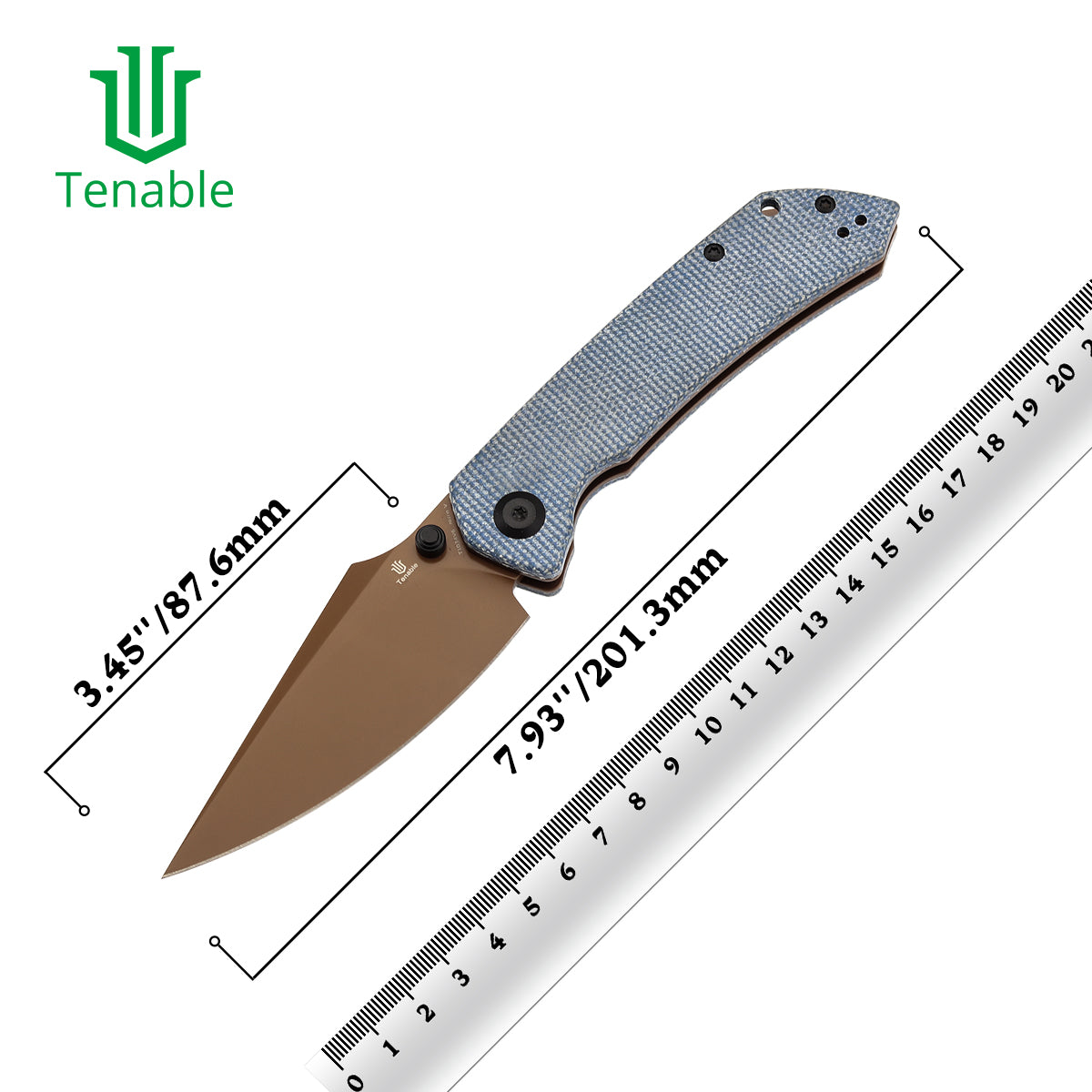 Tenable Fenrir Cross Bar Lock Folding Knife| Blue Micarta | 3.48" Rose Gold Coated Nitro-V Blade | Sparrow Knife Design | T1034V6