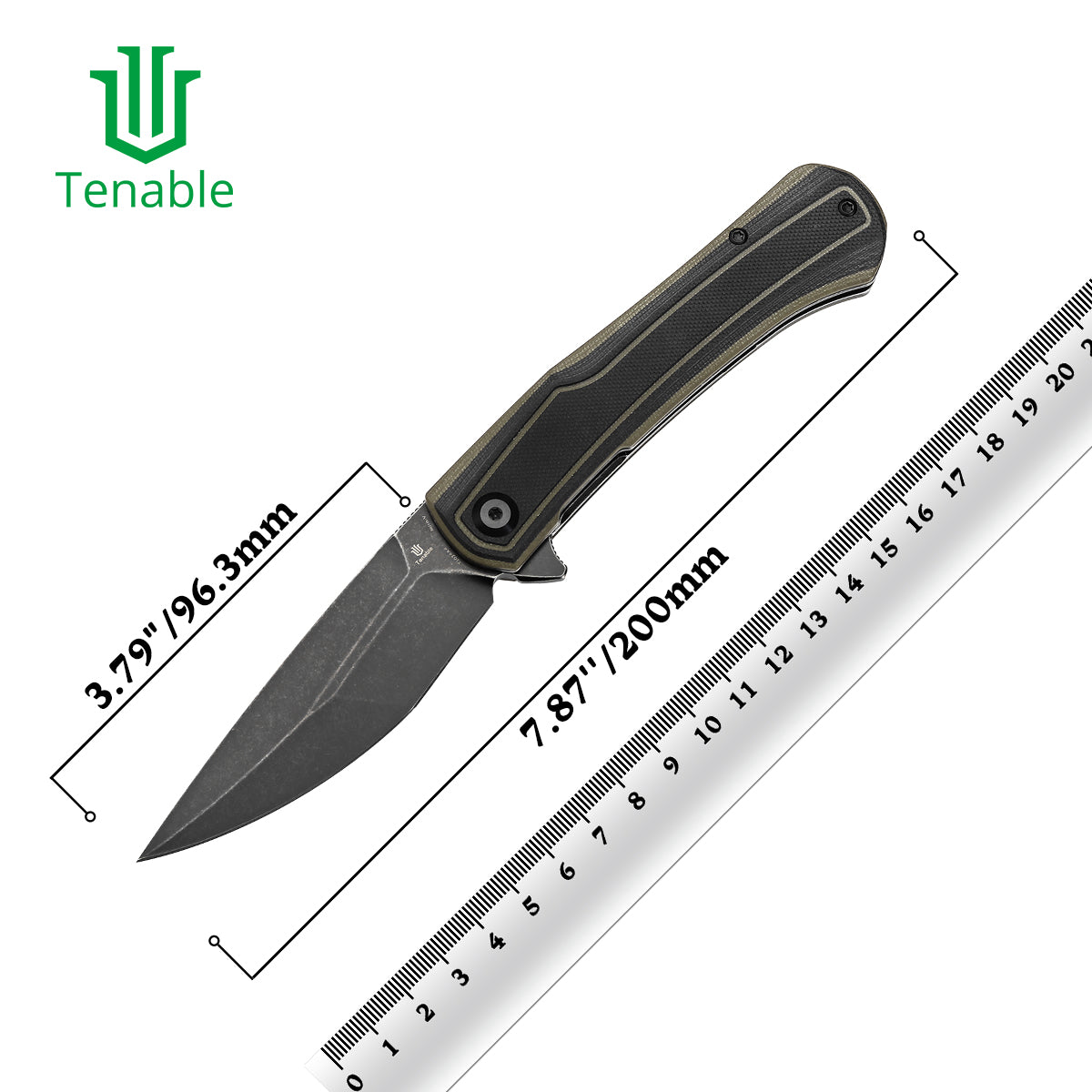 Tenable Kratos Folding Knife Black and Green G10 Handle(3.79" Blackwash Nitro-V Blade) Ostap Hel Design-T1024A4