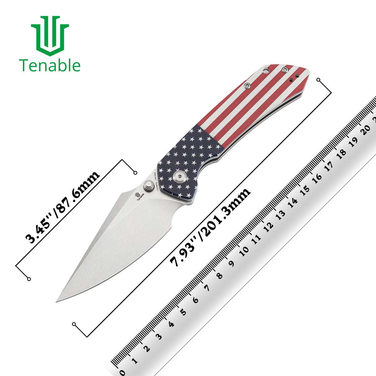 Tenable Fenrir Button Lock Knife | Jade G10 with American Flag Handle | 3.45" Stonewashed 14C28N | Sparrow Knife Design | T1034F8