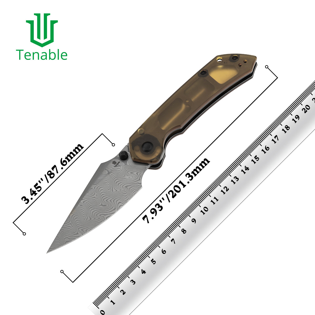 Available on TikTok -Tenable Fenrir Top Liner Lock Folding Knife| Amber PEI Handle | 3.4“ Damacus Blade | Sparrow Knife Design | B1034H6