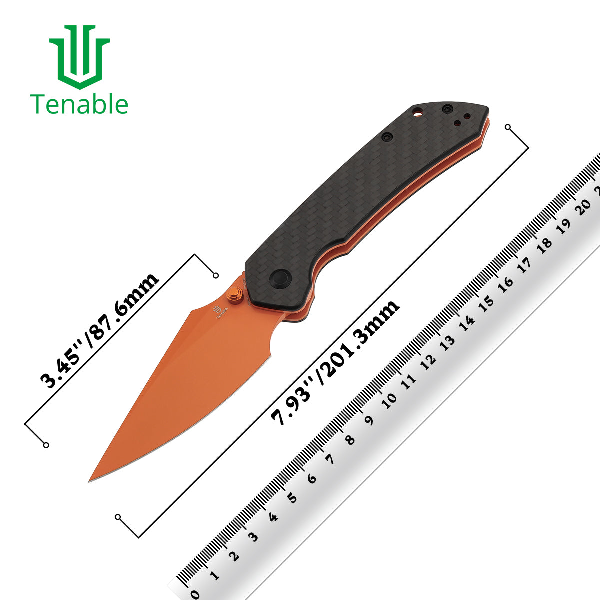 Tenable Fenrir Top Liner Lock Folding Knife|  Twill Carbon Fiber Handle | 3.48“  Orange Coated Nitro V Blade | Sparrow Knife Design | B1034H5