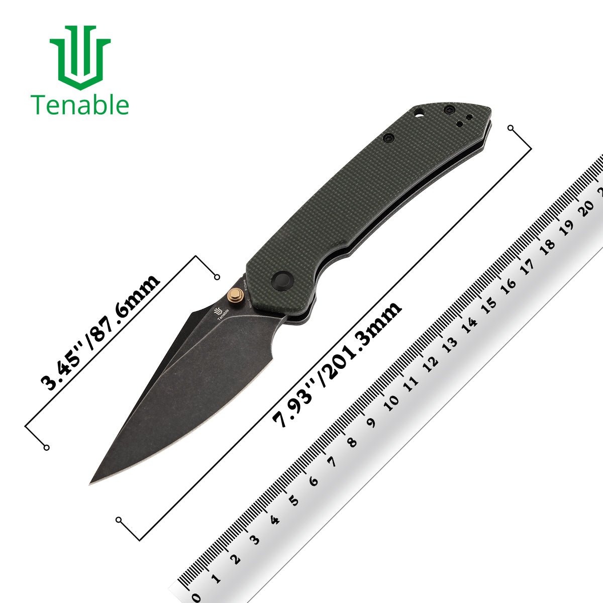 Tenable Fenrir Top Liner Lock Folding Knife| Green Micarta Handle | 3.48“ Blackwashed Nitro-V Blade | Sparrow Knife Design | B1034H4