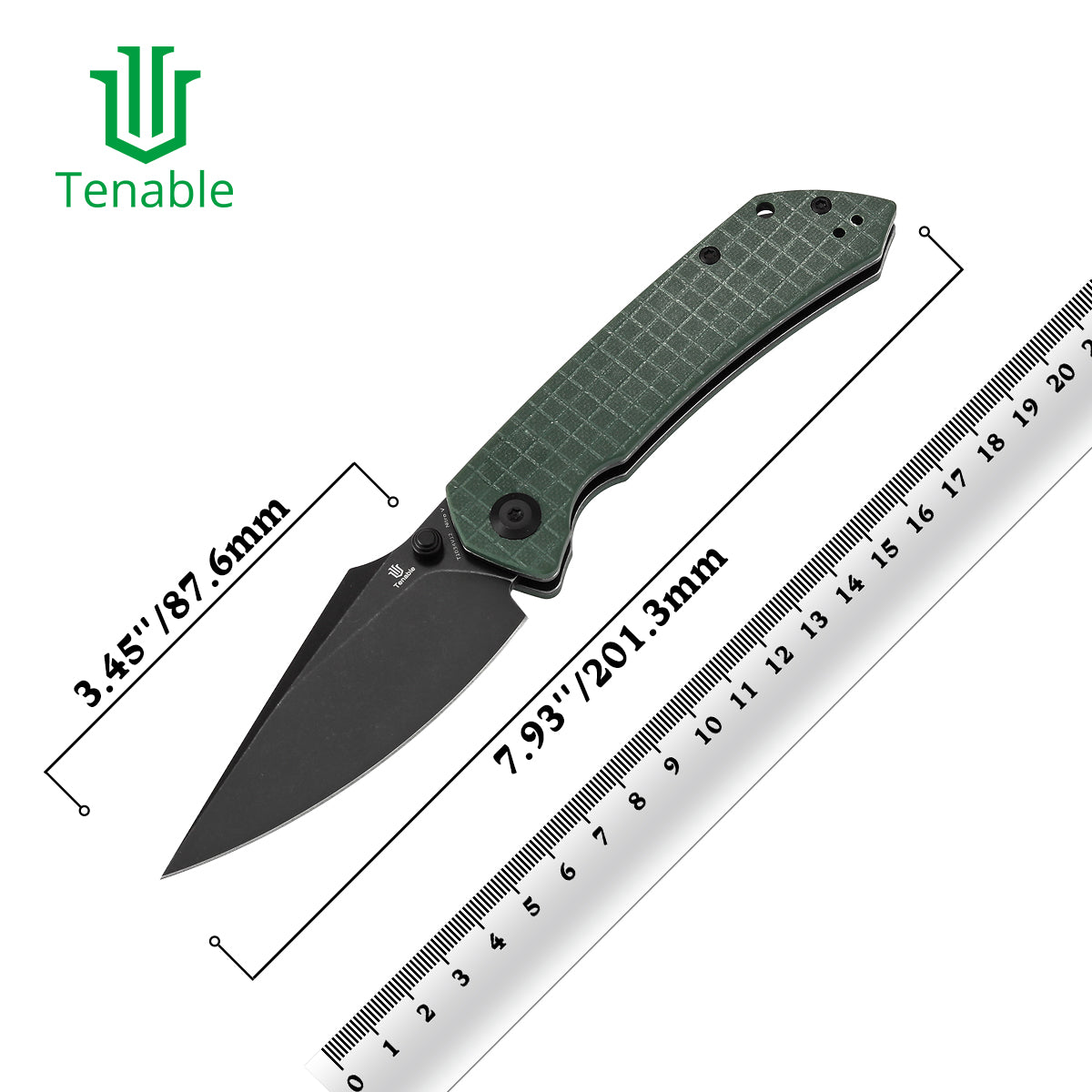 Tenable Fenrir Cross Bar Lock Folding Knife| Green G10 with Frag Pattern | 3.48" Blackwashed Nitro-V Blade | Sparrow Knife Design | T1034V12
