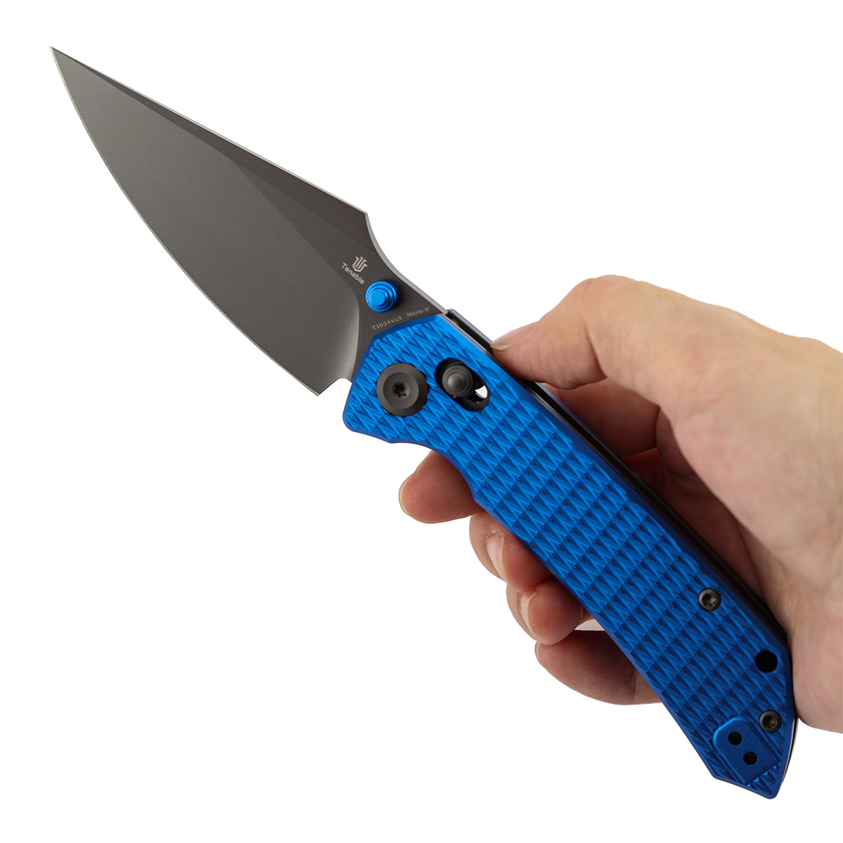 Tenable Fenrir Cross Bar Lock Folding Knife| 3.48'' Gray TiCn Coated Nitro V Blade | Blue Anodized Aluminum with Diamond Pattern Handle | Sparrow Knife Design| T1034V15