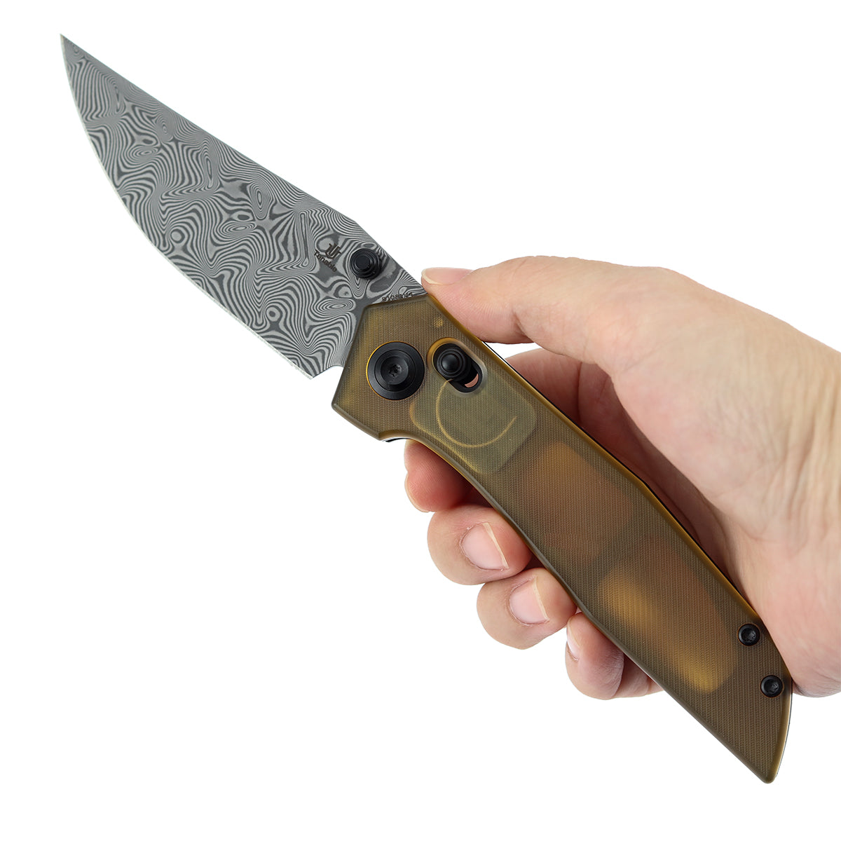 Tenable Deadite Cross Bar Lock Knife | 3.52" Water Ripple Damascus Blade | Amber PEI Handle | TuffKnives Design - B1081V4