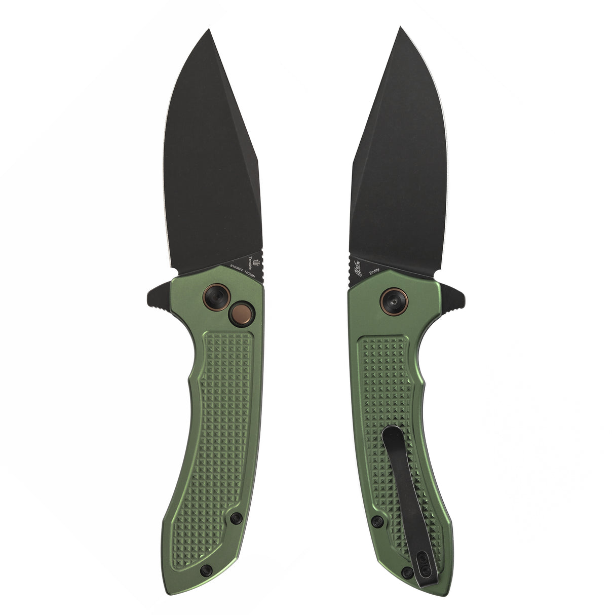 Christmas | Tenable Entity - Button Lock - 3.52'' Blackwash 14C28N - Dark Green Aluminum with Checkered Texture - Nalu Knives - B1036F2