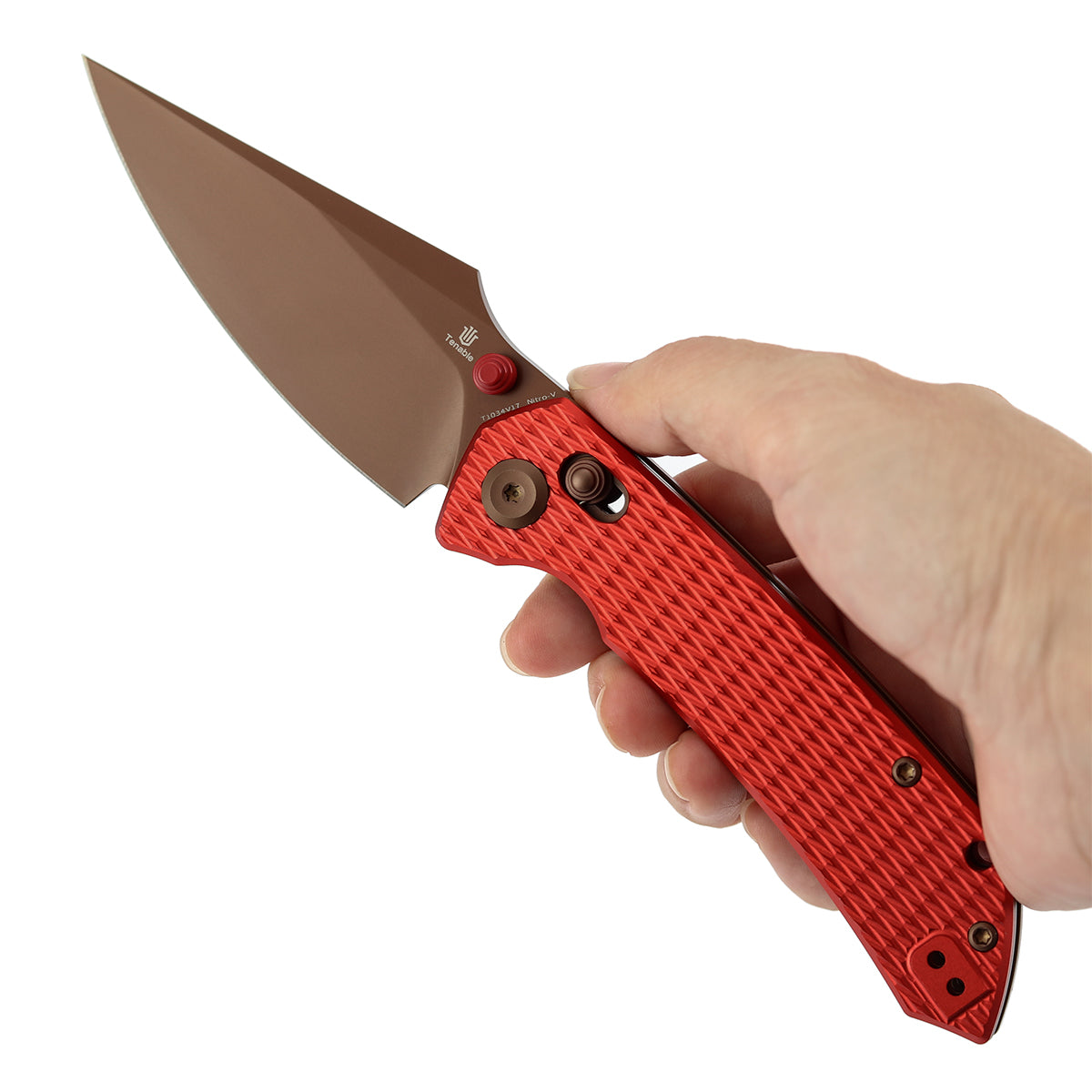 Tenable Fenrir Cross Bar Lock Folding Knife| 3.48'' Rose Gold Nitro V Blade | Red Anodized Aluminum with Diamond Pattern Handle | Sparrow Knife Design| T1034V17