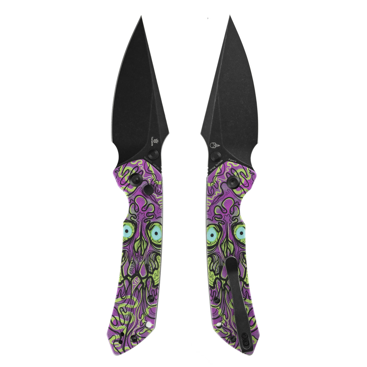 Fenrir Button Lock Knife | Jade G10 with Purple Undead Print Handle | 3.45" Blackwash 14C28N Blade| Sparrow Knife Design | T1034F7