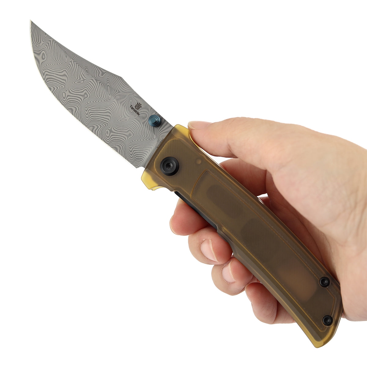 Tenable Bison Folding Knife | 3.24'' Water Ripple Damascus Blade | Amber PEI/Ultem Handle | Ray Laconico Knives Design | B2108A5