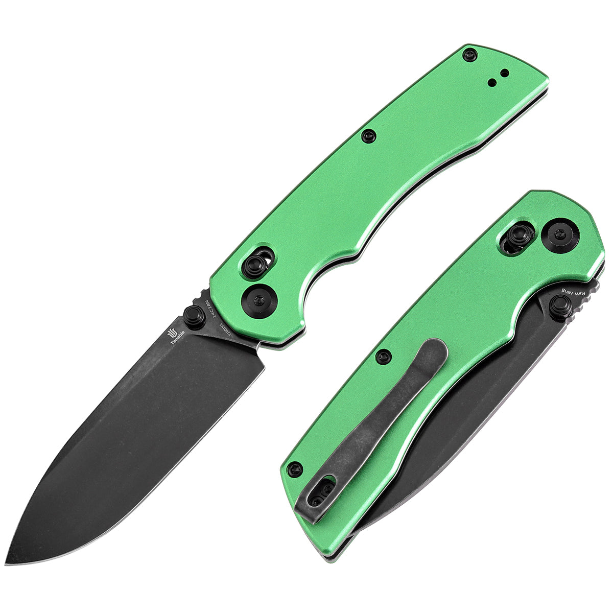 Tenable Kryo Cross Bar Lock Green Anodized Aluminum Handle (3.58‘’ Blackwash 14C28N Blade) Kim Ning Design-T1001V1