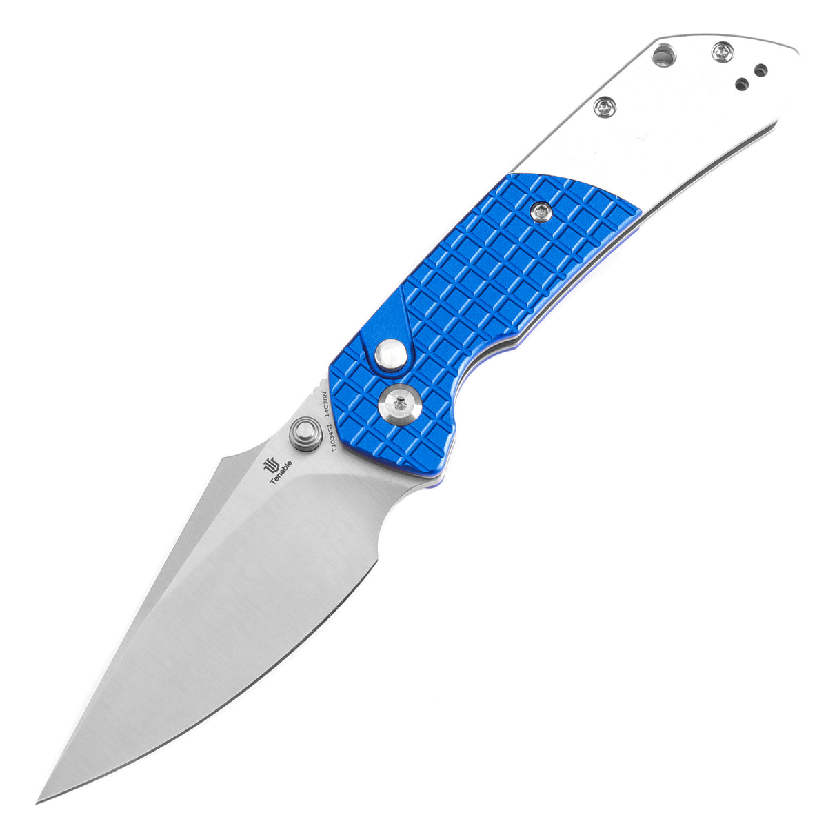 WMK Exclusive Tenable Fenrir Folding Knife Button Lock Blue Frag G10 & Aluminum 14c28n Blade T1034S1