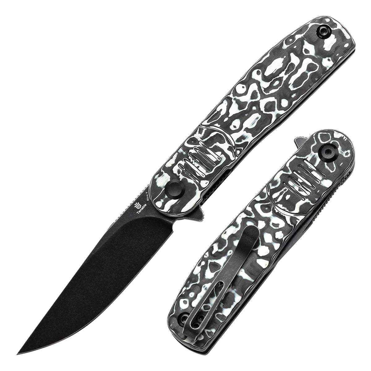Tenable Einar Folding Knife Black & White Carbon Fiber Handle (3.13'' Blackwash Nitro-V Blade) Justin Lundquist Design-T2072A4