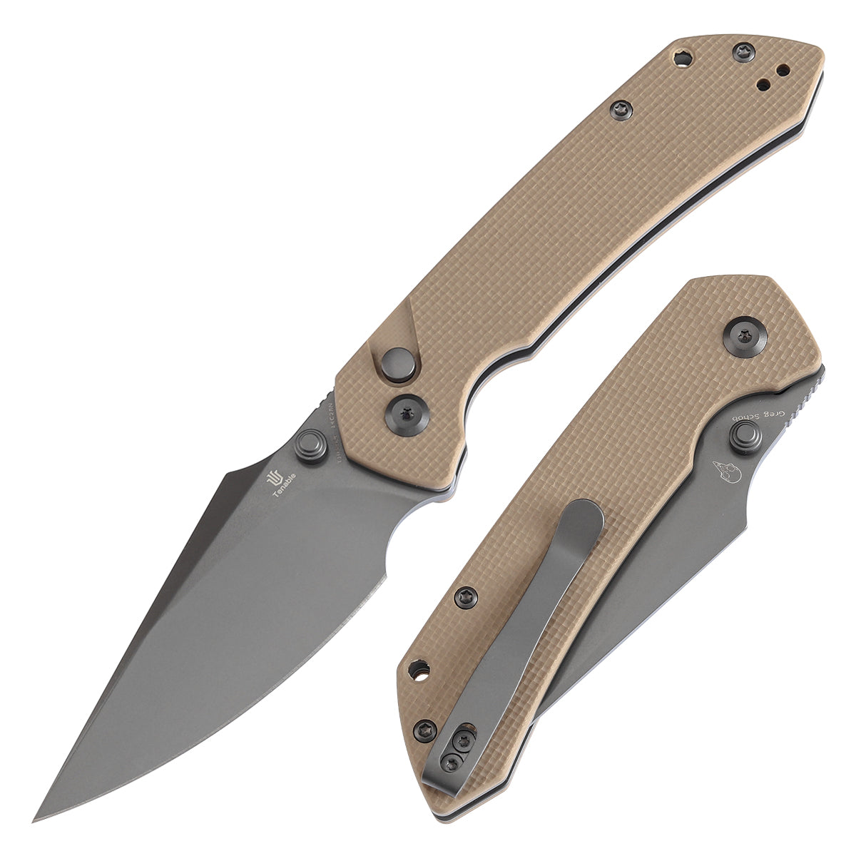Tenable Button Lock Fenrir Folding Knife Light Sand G10 Handle (3.45" Grey TiCn Coated 14C28N Blade) Sparrow Knife Design--T1034F4