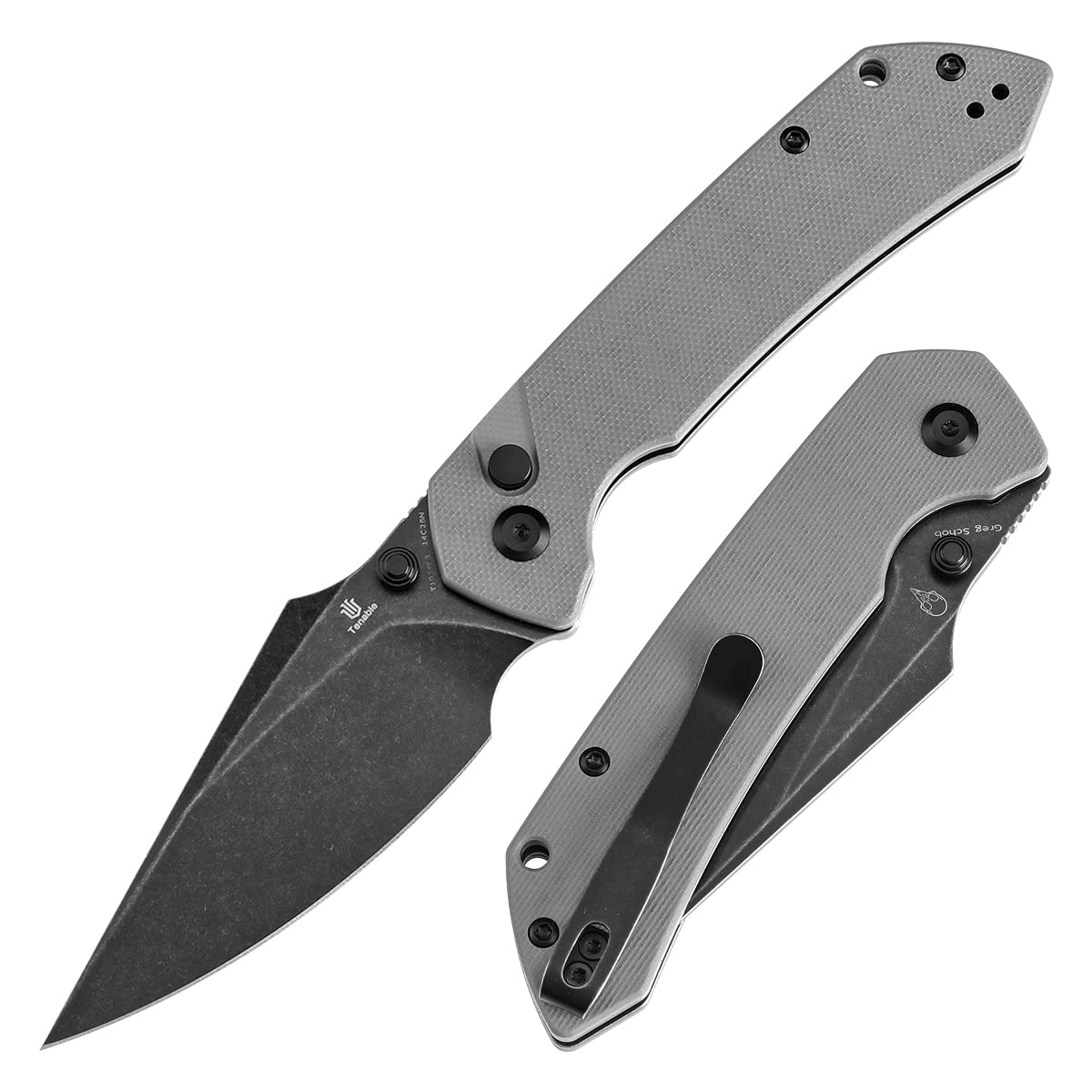 Tenable Button Lock Fenrir Folding Knife Grey G10 Handle (3.45" Blackwash 14C28N Blade) Sparrow Knife Design--T1034F3