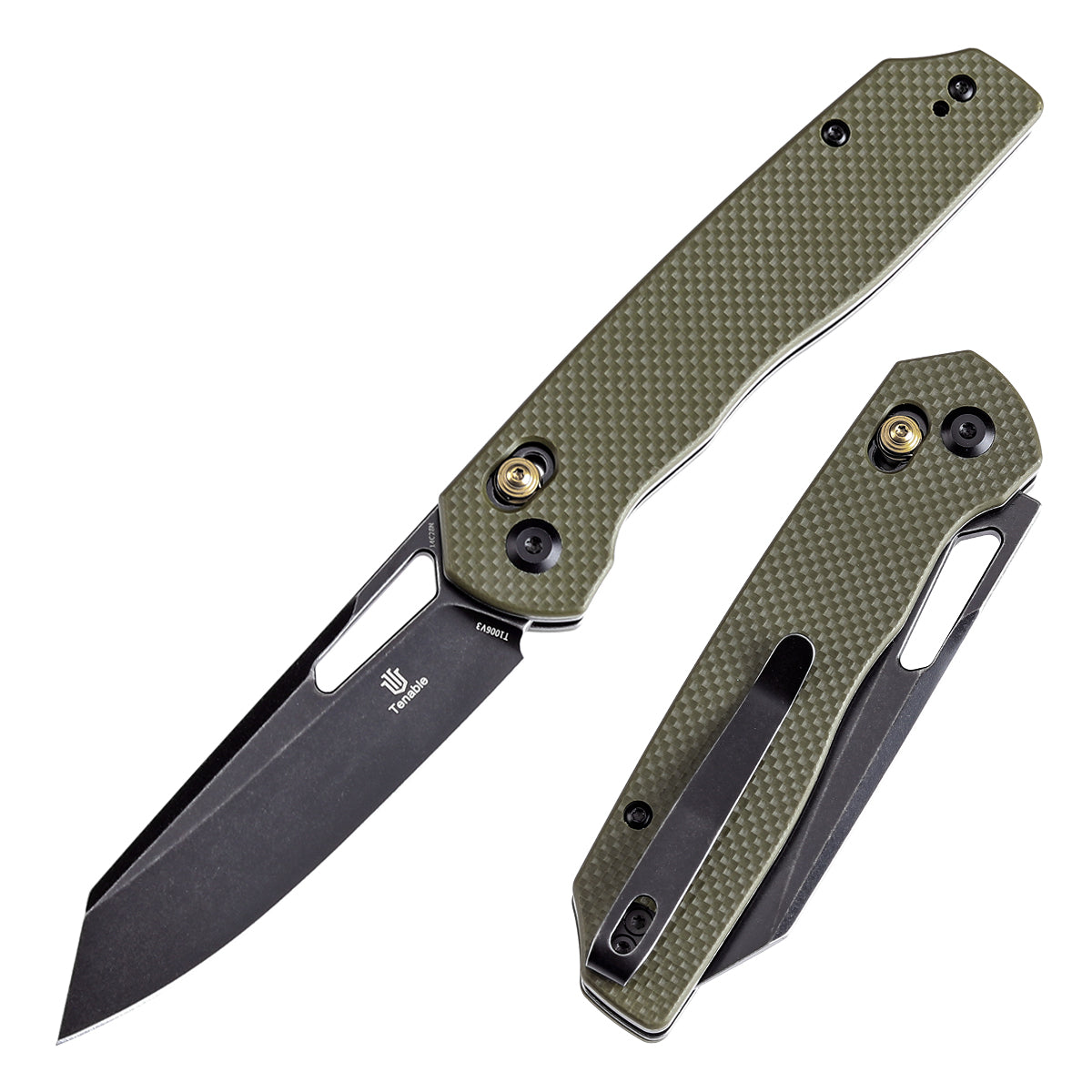 Tenable Shard Cross Bar Lock Olive Green G10 Handle (3.47'' Blackwash 14C28N Blade) Kim Ning Design-T1006V3