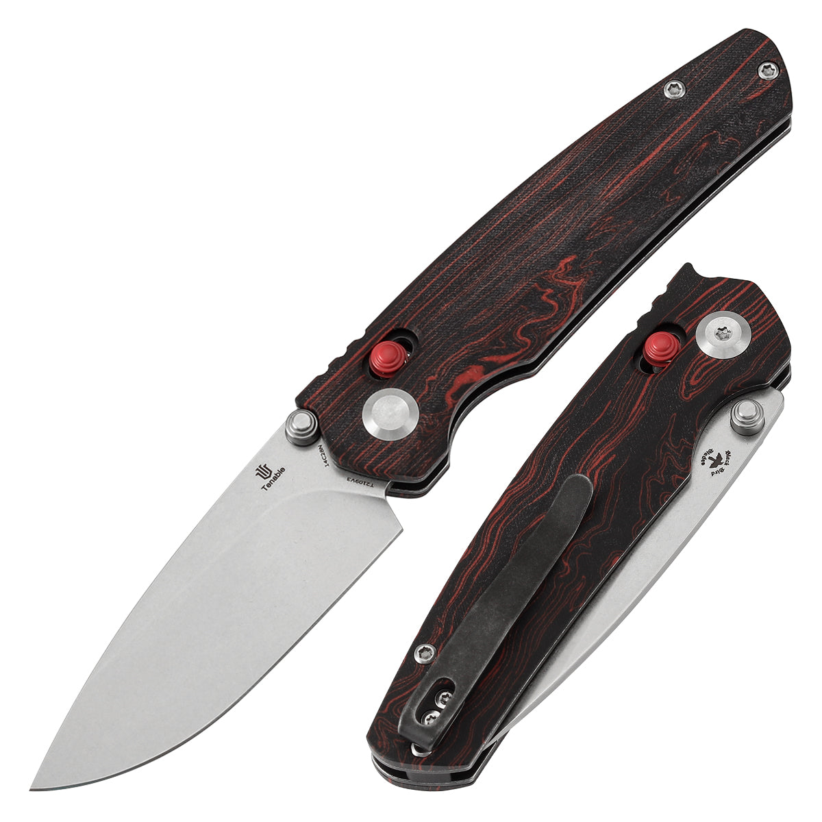 Tenable Raven Cross Bar Lock Folding Knife | 3.14" Stonewashed 14C28N Blade | Red and Black G-mascus Handle | Black Bird Blades Design -T2109V3