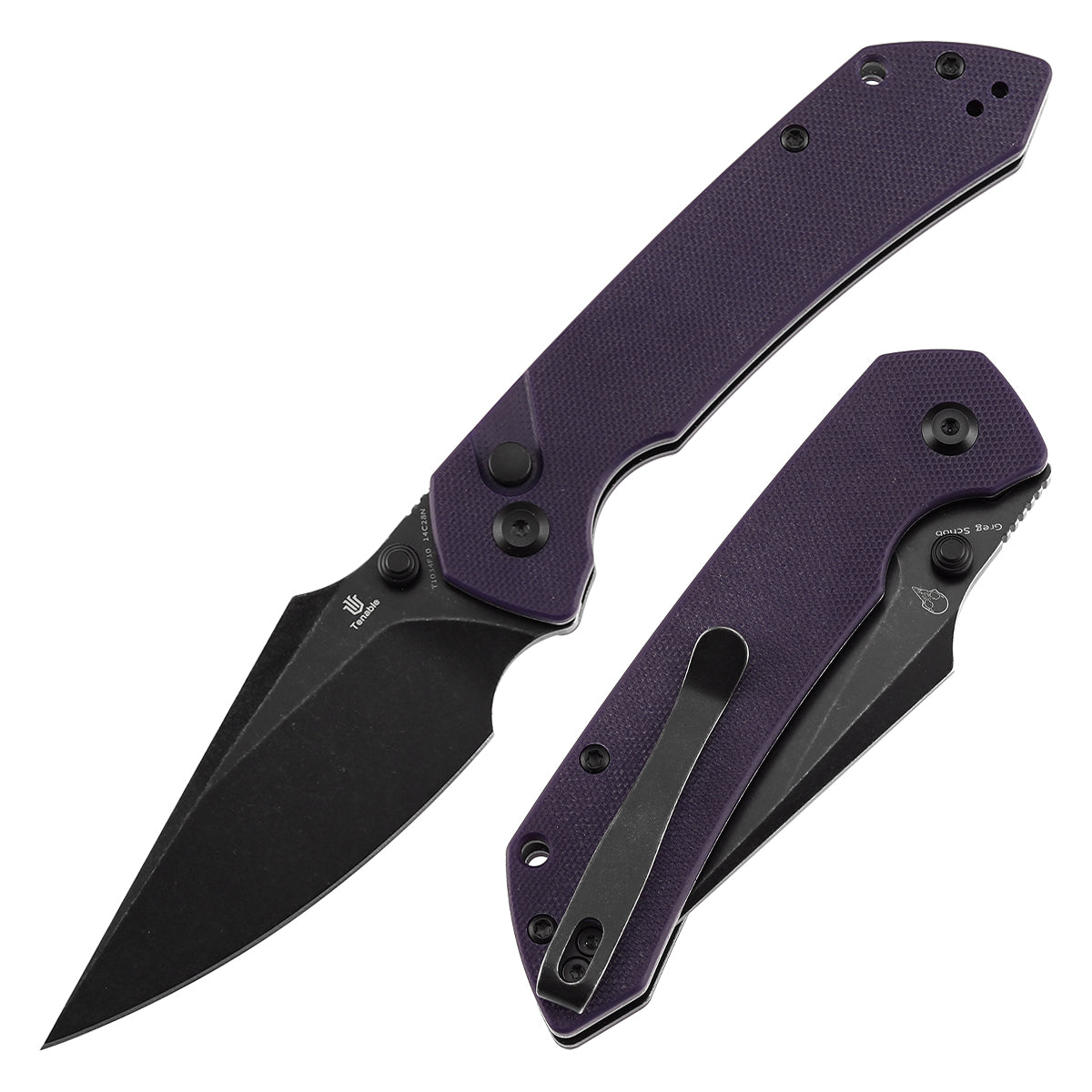 Tenable Fenrir Button Lock Knife | Purple G10 Handle | 3.45" blackwashed 14C28N | Sparrow Knife Design | T1034F10