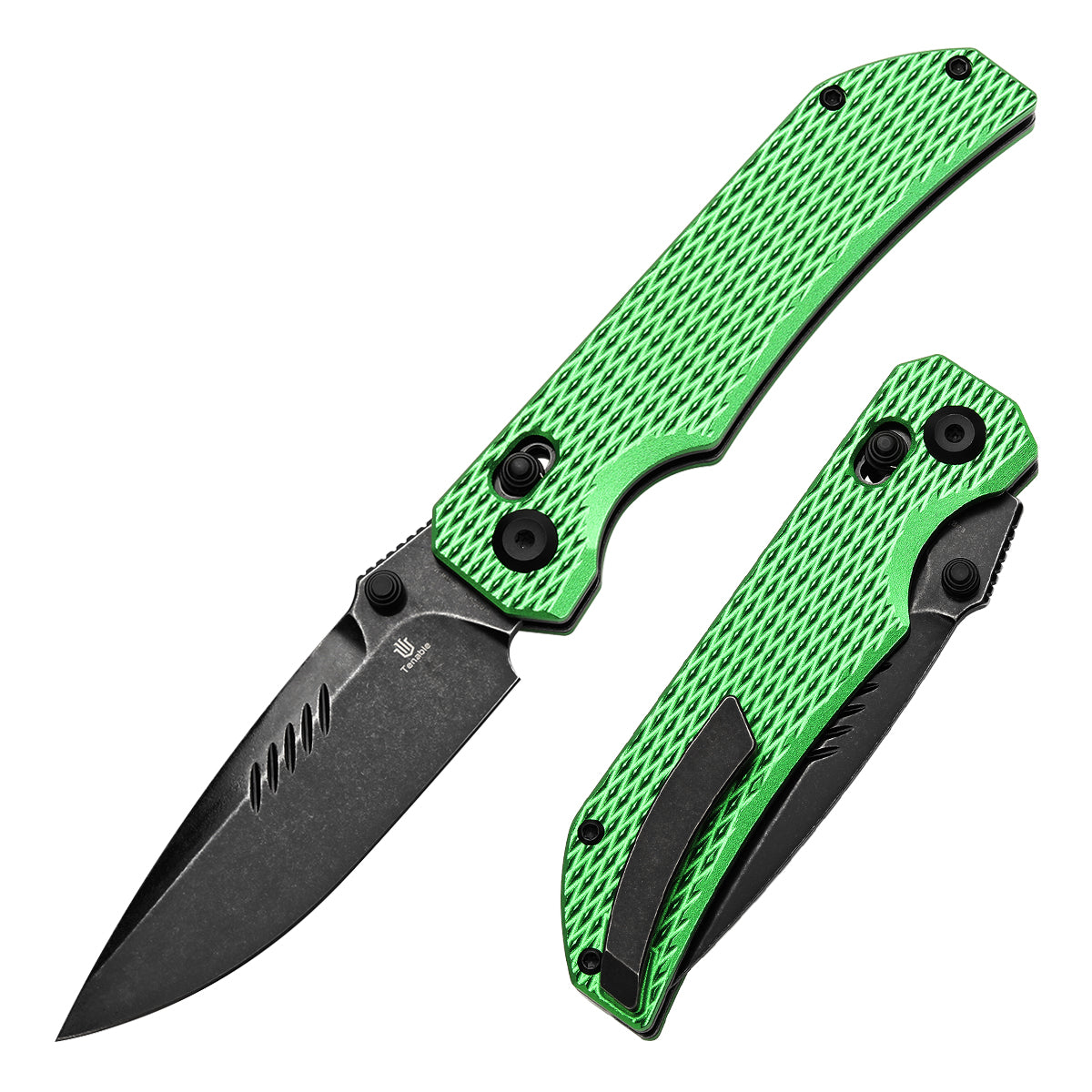 Tenable Eaglestrike Cross Bar Lock Folding Knife Green Anodized Aluminum with Diamond Pattern Handle (3.73'' Blackwash Nitro-V Blade) James Lowe Design-T1095V3
