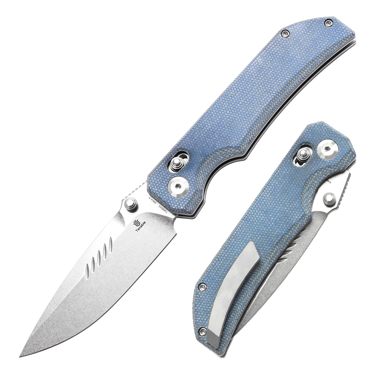 Tenable Eaglestrike Cross Bar Lock Folding Knife Blue Micarta Handle (3.73'' Stonewashed Nitro-V Blade) James Lowe Design-T1095V2