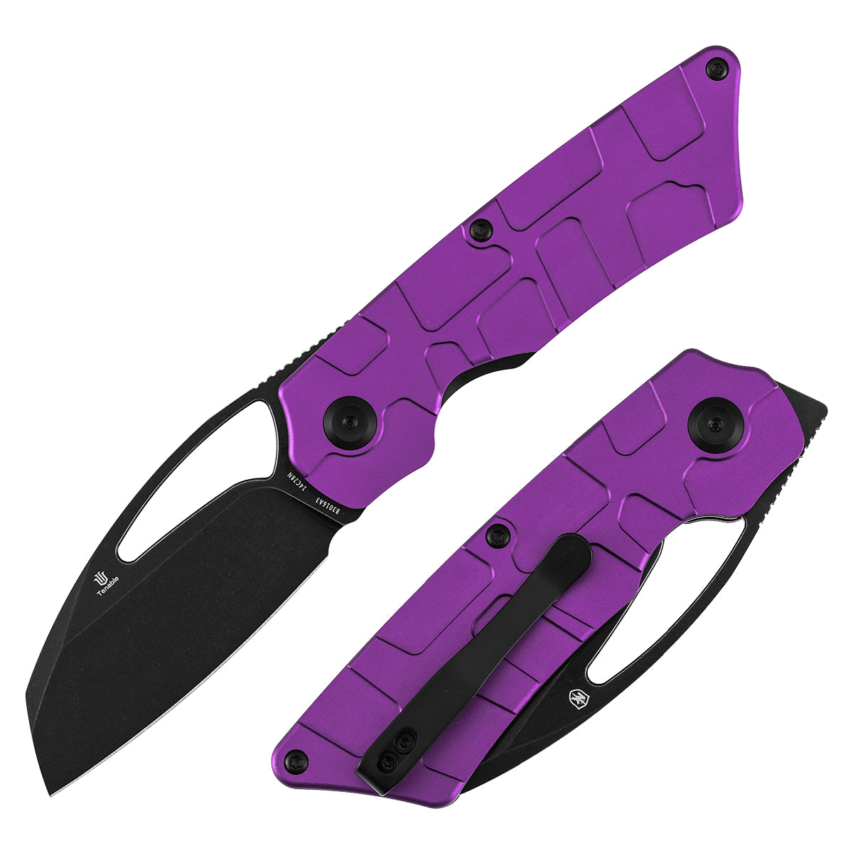 Tenable Goblin L Folding Knife | 3.24'' Blackwash 14C28N Blade | Purple Anodized Aluminum with Amphibian-inspired Geometric Texture Handle | Marshall Noble Design | B3016A3