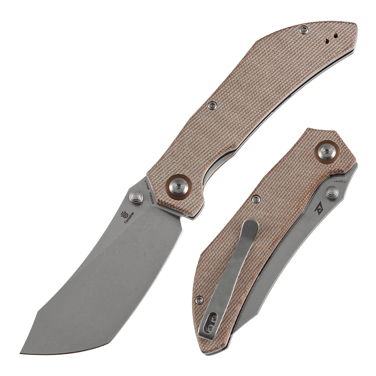 Tenable Tipper Folding Knife | 3.39'' Stonewashed Nitro V Blade | Brown Micarta Handle | Edgy Bladeworks Design | B1079A3