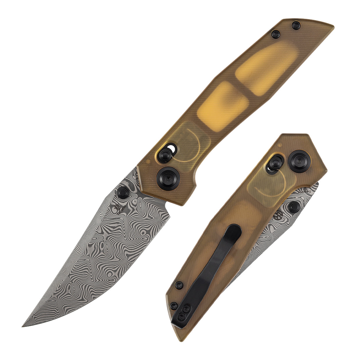 Tenable Deadite Cross Bar Lock Knife | 3.52" Water Ripple Damascus Blade | Amber PEI Handle | TuffKnives Design - B1081V4