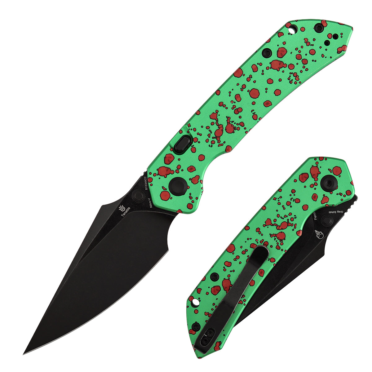 Tenable Fenrir Top Liner Lock Folding Knife| 3.4" Blackwash Nitro-V Blade |Green Aluminum with Zombie Blood Handle | Sparrow Knife Design | B1034H22