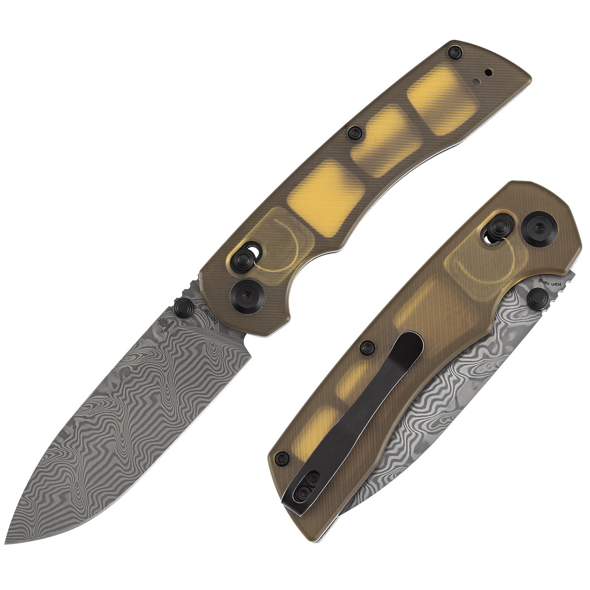 Tenable Kryo Cross Bar Lock | Amber PEI/Ultem Handle | 3.58‘’ Damascus Blade | Kim Ning Design-T1001V10