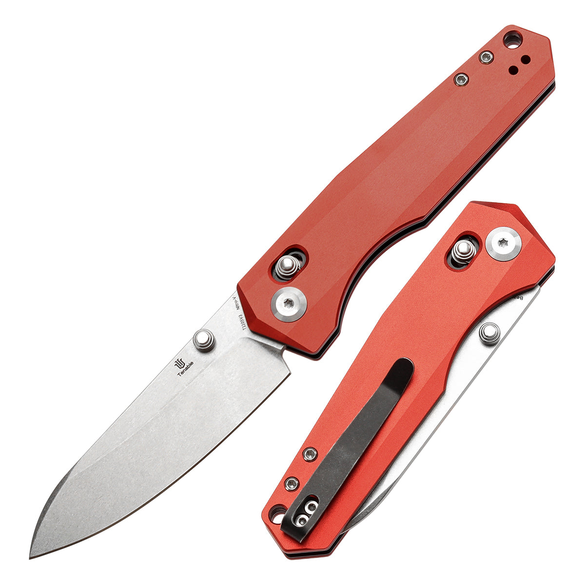 Tenable Beaver Cross Bar Lock Folding Knife Dark Red Anodized Aluminum Handle (3.44'' Stonewashed Nitro-V Blade) Kim Ning Design-T1105V3