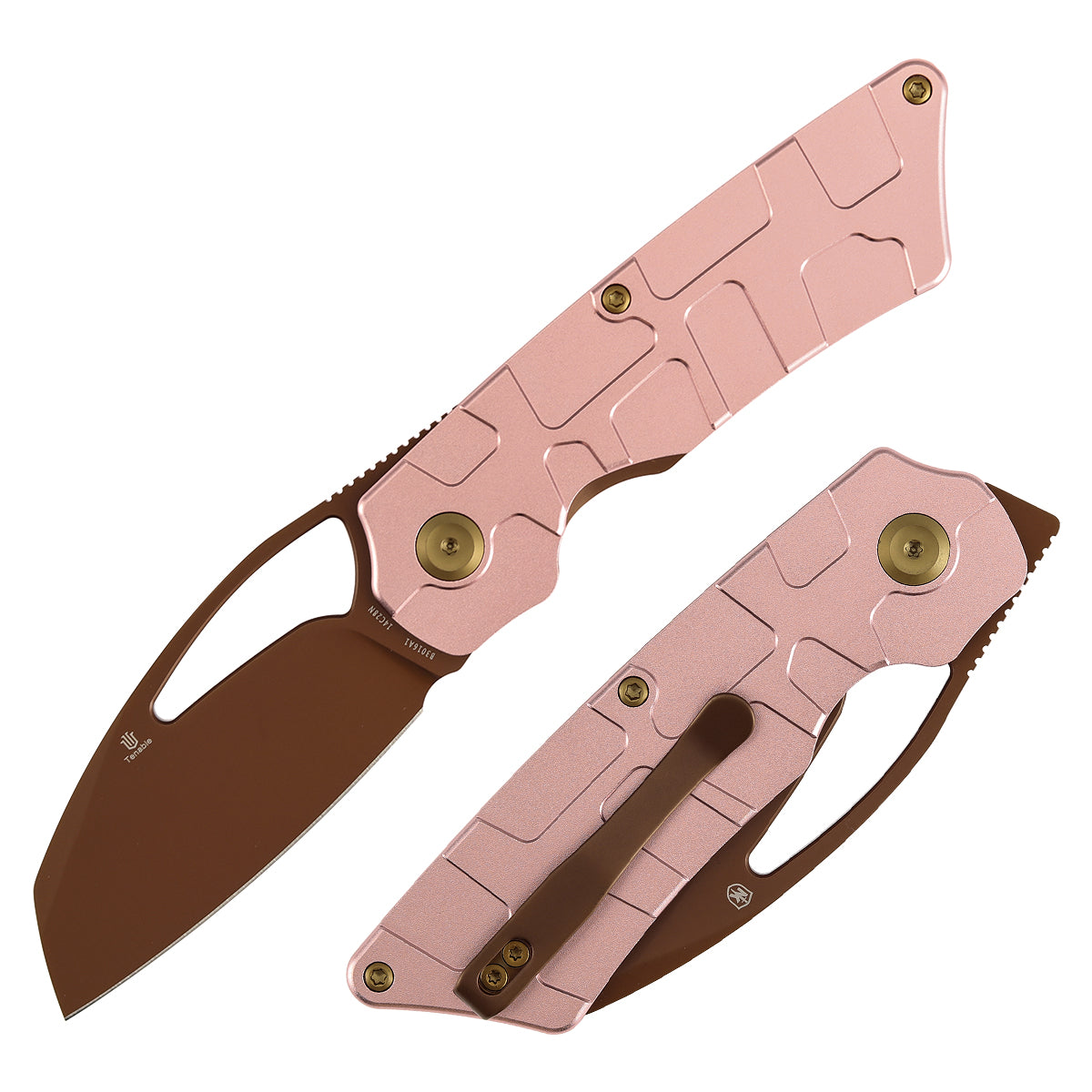 Tenable Goblin L Folding Knife | 3.24'' Rose Gold 14C28N Blade | Rose Gold Aluminum with Amphibian-inspired Geometric Texture Handle | Marshall Noble Design | B3016A1