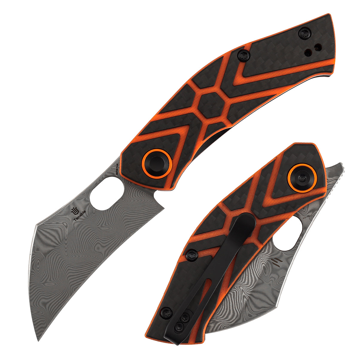 Pre-Order :Ships by Aug. 10 | Tenable Osprey Folding Knife | 2.22" Water Ripple Damascus | Twill Carbon Fiber & Orange G10 Handle | Triple Stripe Knives Design - B2087A4