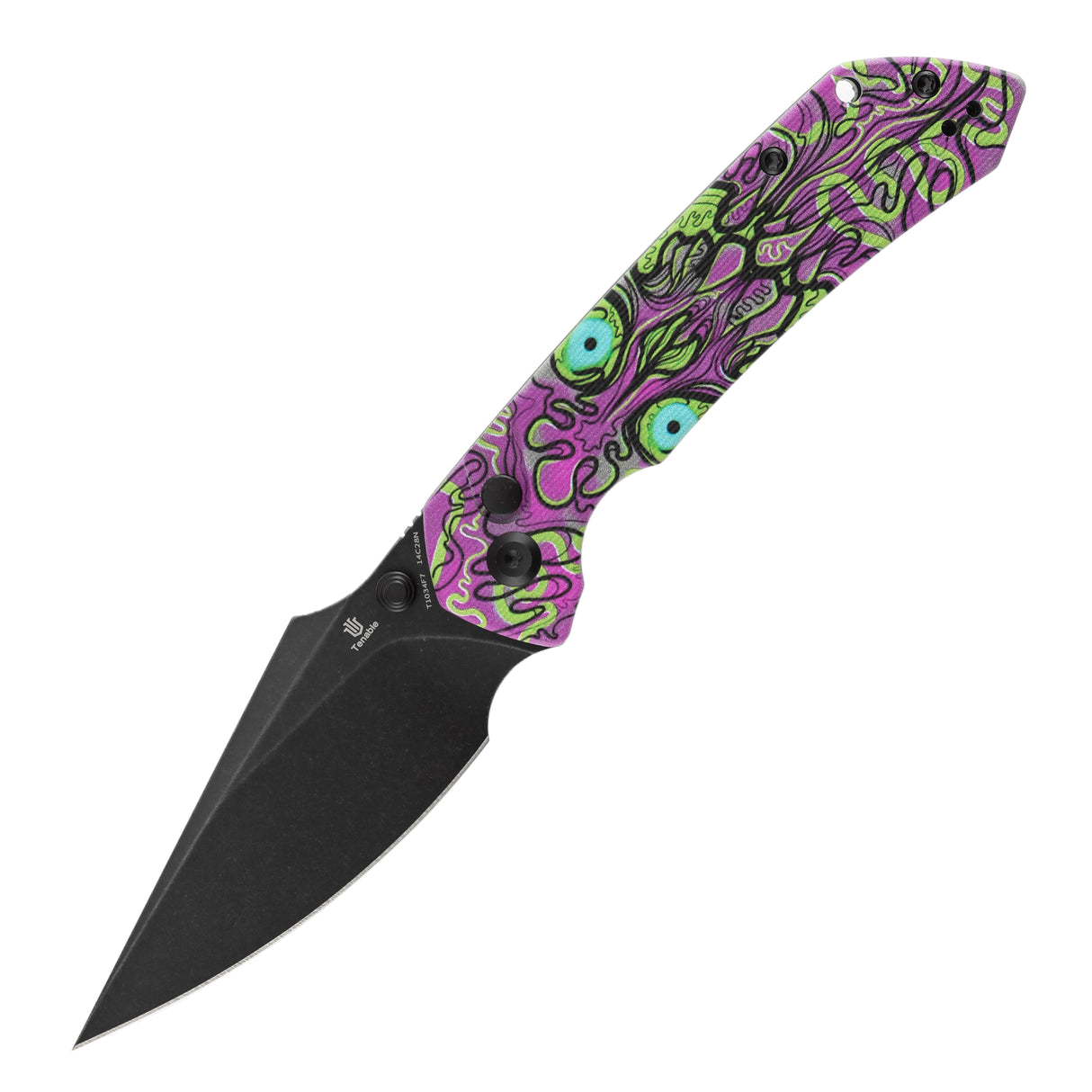 Fenrir Button Lock Knife | Jade G10 with Purple Undead Print Handle | 3.45" Blackwash 14C28N Blade| Sparrow Knife Design | T1034F7