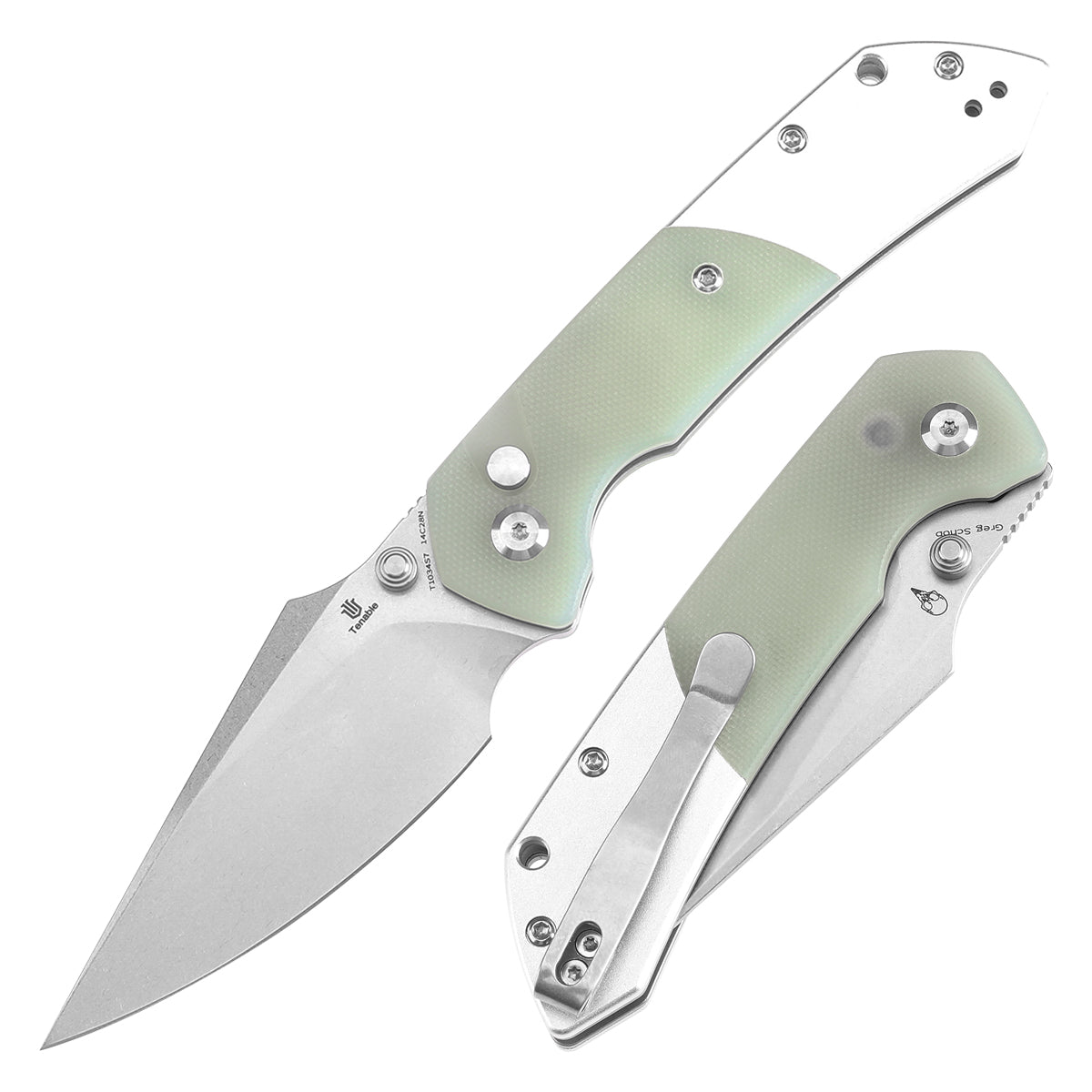 Tenable Button Lock Fenrir Folding Knife Jade G10 & Plain Aluminum Handle (3.45" Stonewashed 14C28N Blade) Sparrow Knife Design--T1034S7