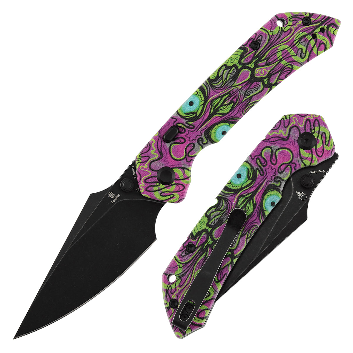 Ship from China - Tenable Fenrir Top Liner Lock Folding Knife| 3.4“ Blackwash Nitro-V Blade | Jade G10 with Purple Undead Print Handle | Sparrow Knife Design | B1034H17