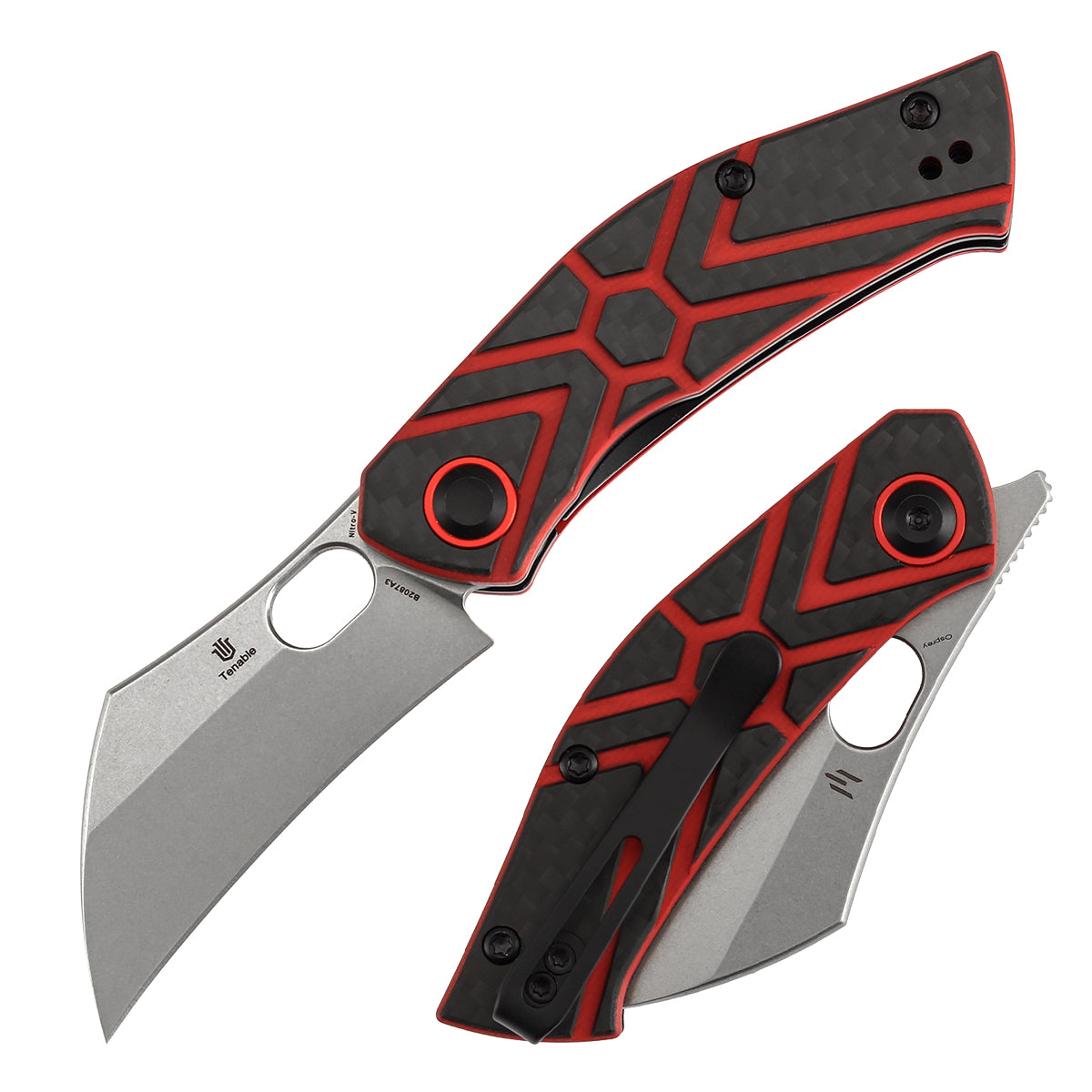 Pre-Order :Ships by Aug. 10 | Tenable Osprey Folding Knife | 2.22" Stonewashed Nitro-V | Twill Carbon Fiber & Red G10 Handle | Triple Stripe Knives Design - B2087A3
