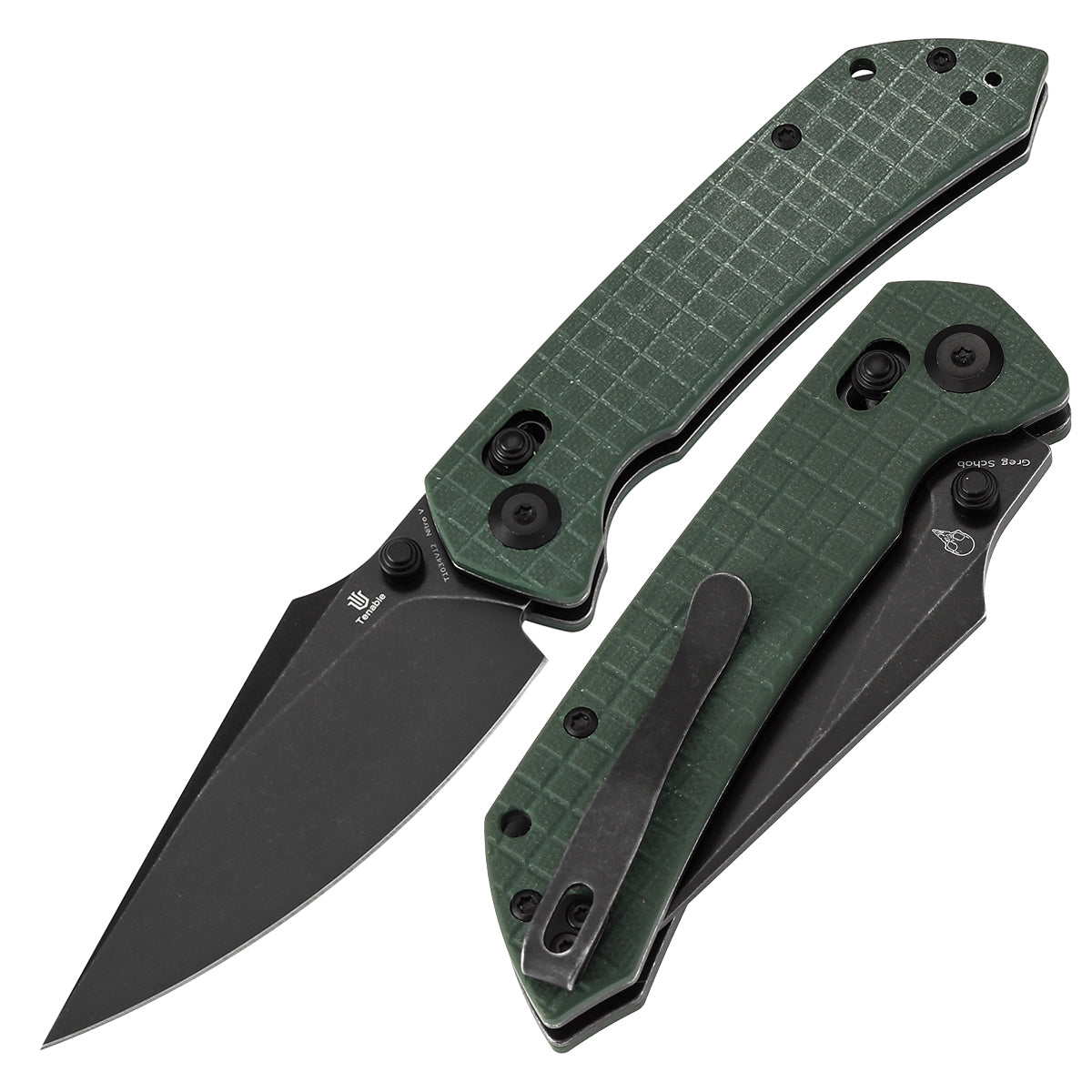 Tenable Fenrir Cross Bar Lock Folding Knife| Green G10 with Frag Pattern | 3.48" Blackwashed Nitro-V Blade | Sparrow Knife Design | T1034V12