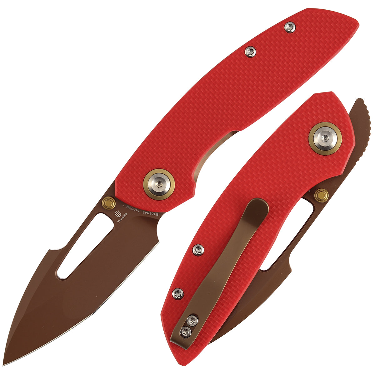Tenable Link Folding Knife | 3.0" Rose Gold 14C28N | Coarse-textured Red G10 | Triple Stripe Knives Design | B1068A3