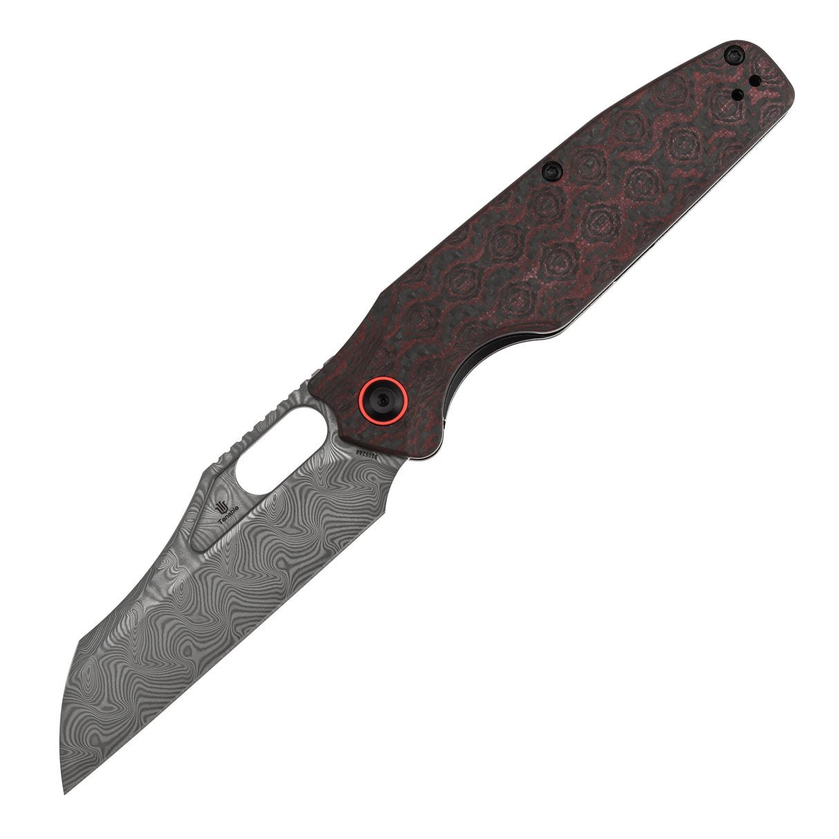 Tenable Tuckamore Folding Knife | 3.54" Water Ripple Damascus | Red & Black Rose Pattern Carbon Fiber | Jonathan Styles Design - B1052A4