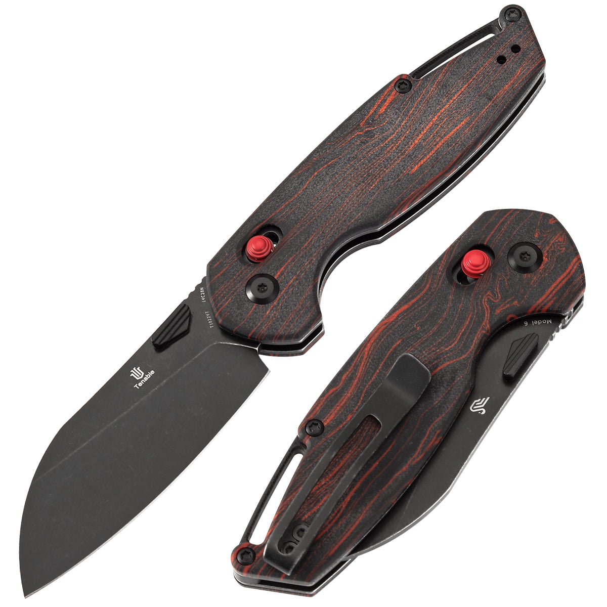Tenable Model 6 Cross Bar Lock | Red & Black G-mascus Handle | 3.1" Blackwash 14C28N Blade | Nick Swan Design--T1022V7