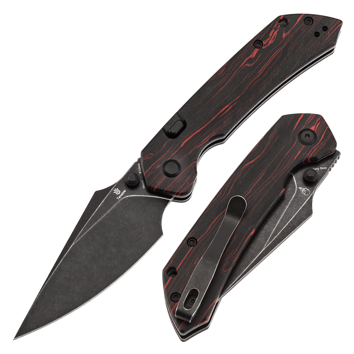 Tenable Fenrir Top Liner Lock Folding Knife| Black & Red G-mascus Handle | 3.48“ Blackwashed Nitro-V Blade | Sparrow Knife Design | B1034H2