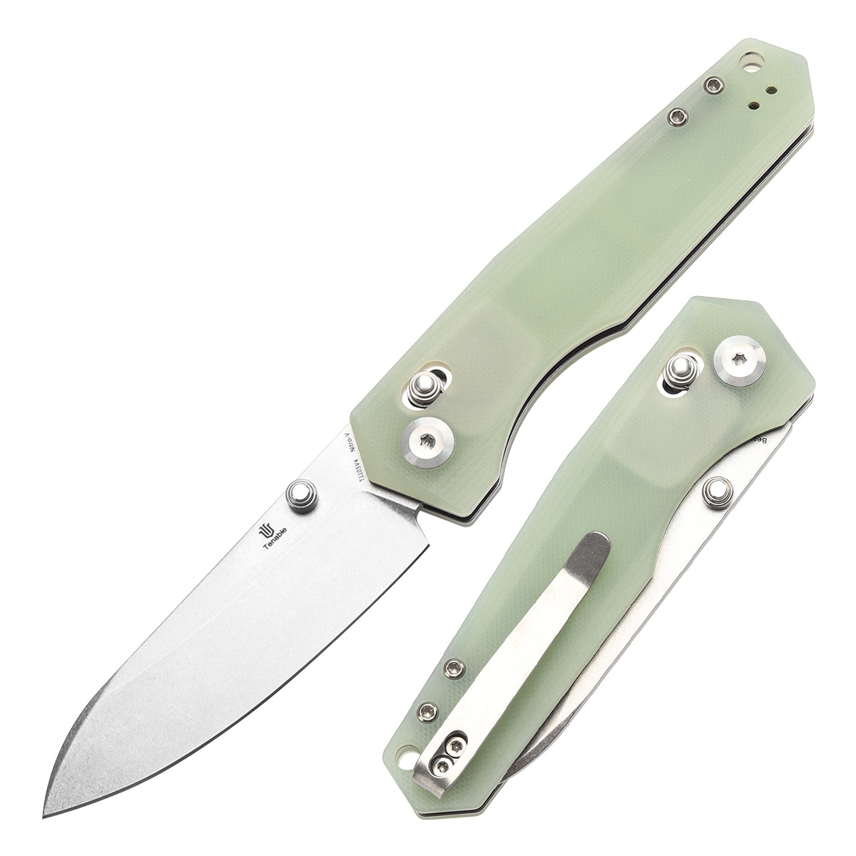 Tenable Beaver Cross Bar Lock Folding Knife Jade G10 Handle (3.44'' Stonewashed Nitro-V Blade) Kim Ning Design-T1105V4