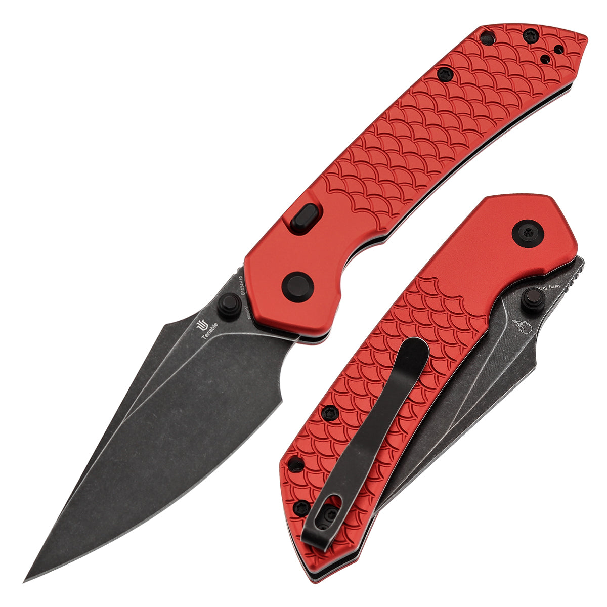 Tenable Fenrir | Top Liner Lock Folding Knife | 3.4“ Blackwashed Nitro-V Blade | Red Anodized Aluminum with Fishscale Texture Handle | Sparrow Knife Design | B1034H10