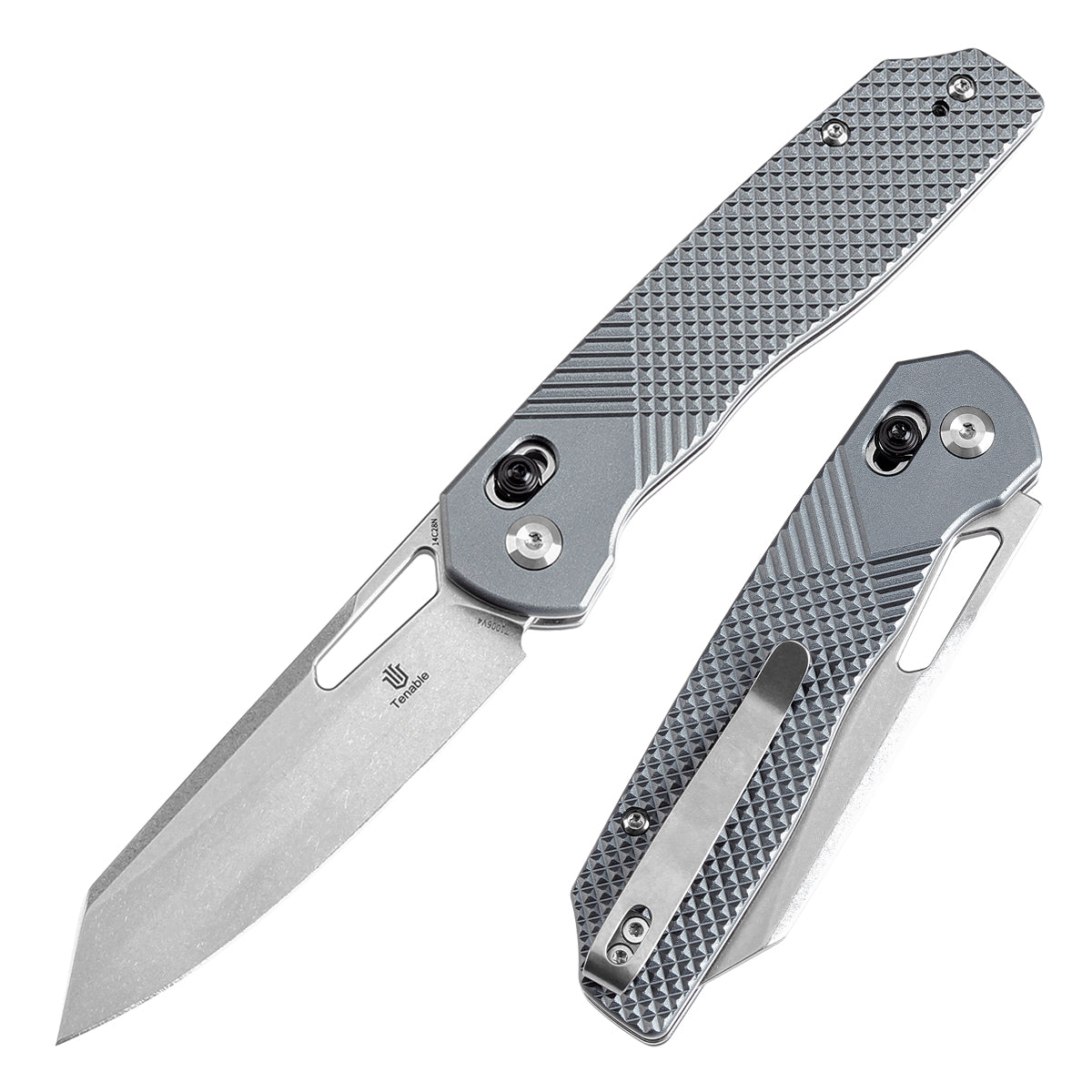 Tenable Shard Cross Bar Lock Gray Aluminum with diamond pattern Handle (3.47'' Stonewashed 14C28N Blade) Kim Ning Design-T1006V4