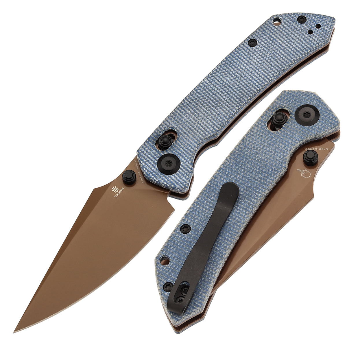 Tenable folding knife with textured blue handle and Rose Gold Coated blade