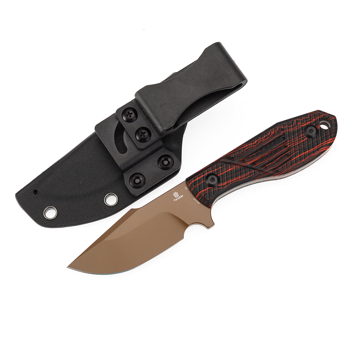 Tenable Tiny Dancer Fixed Blade – Black & Red G-mascus Handle – 3.17" Rose Gold Coated D2 Blade – JB Stout Design – G014A2