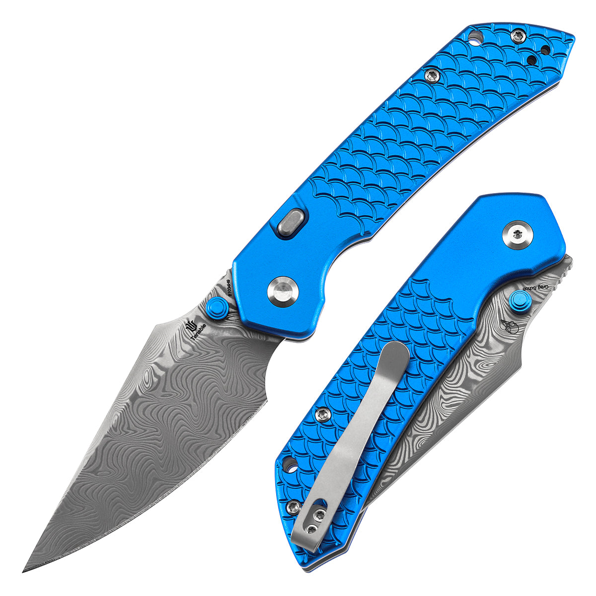 Tenable Fenrir Top Liner Lock Folding Knife| Dark Blue Anodized Aluminum with  Fishscale Texture Handle | 3.48“ Damascus Blade | Sparrow Knife Design | B1034H9