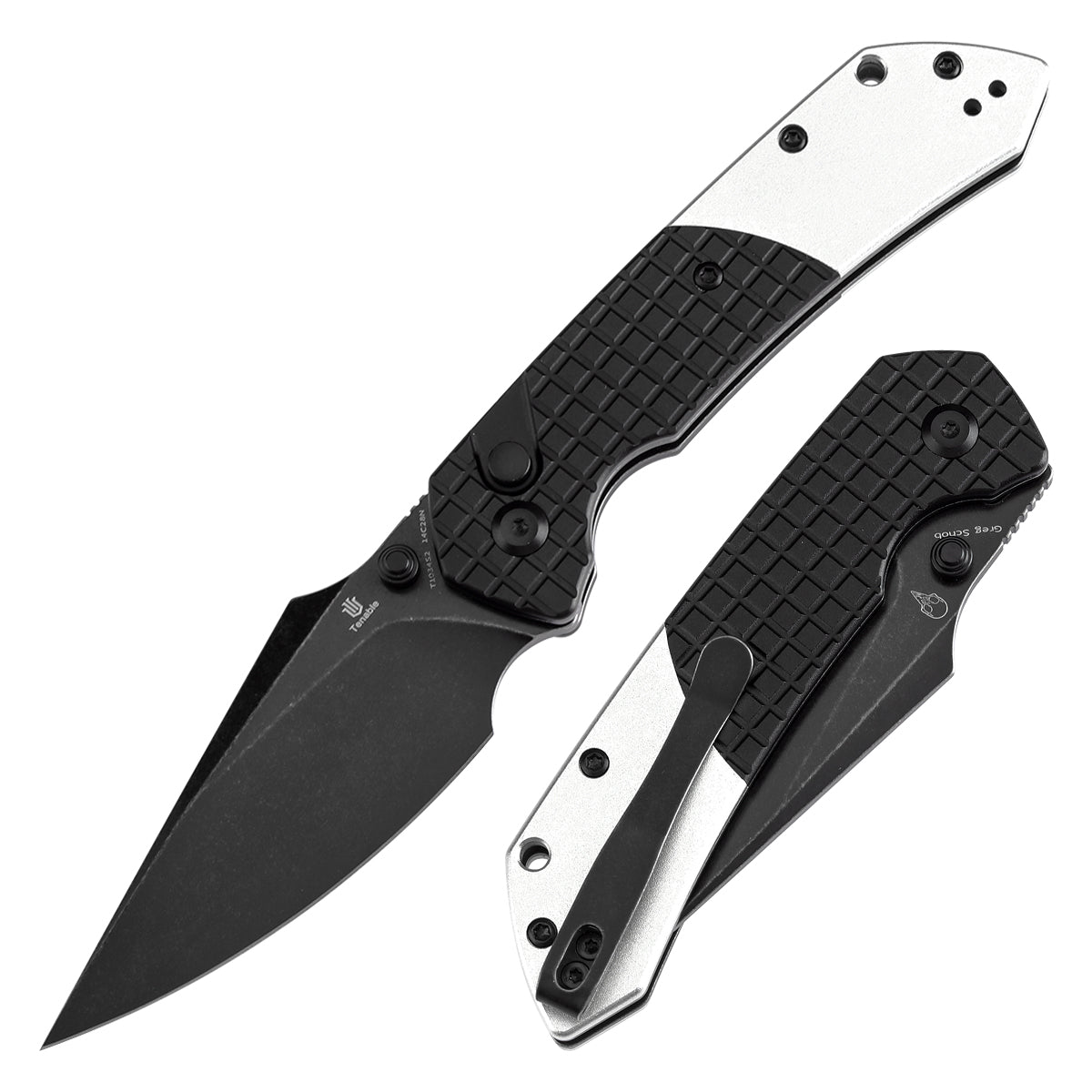 Tenable Button Lock Fenrir Folding Knife Black Frag Pattern & Plain Aluminum Handle (3.45" Blackwash 14C28N Blade) Sparrow Knife Design--T1034S2