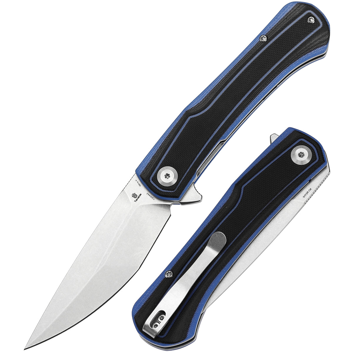 Tenable Kratos Folding Knife Black and Blue G10 Handle(3.79" Stonewashed Nitro-V Blade) Ostap Hel Design-T1024A2