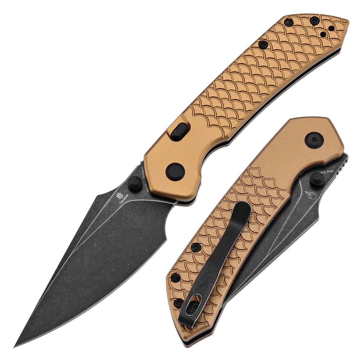 Tenable Fenrir Top Liner Lock Folding Knife|  3.4“ Blackwashed Nitro-V Blade | Bronze Aluminum with Fishscale Texture Handle | Sparrow Knife Design | B1034H11